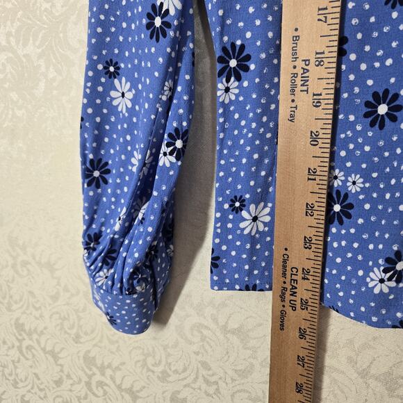 Talbots Poet Sleeve Faux Wrap Top sz L Blue White Flowers Dots Boho - Picture 13 of 15